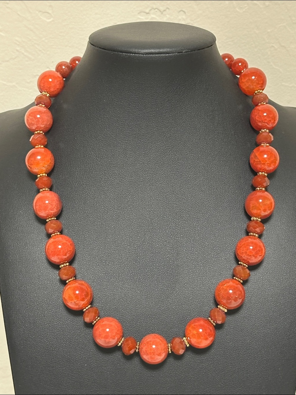 Chunky 16mm Carnelian Round Stone & Faceted Crystal Beaded 18” Necklace
